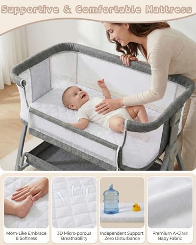 Grey 3-in-1 Bedside Bassinet for Baby with Mattress & Wheels - Adjustable Height