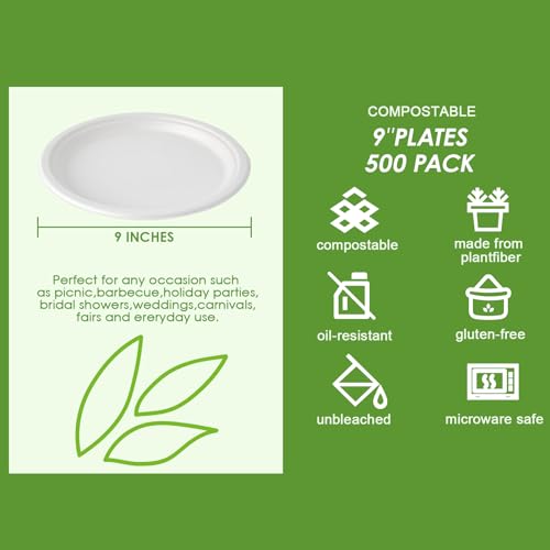 9-Inch Compostable Sugarcane Fiber Paper Plates - 500 Pack, White