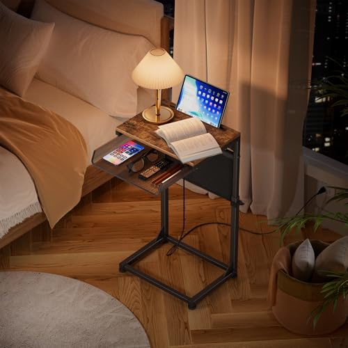 Adjustable C-Shaped Side Table with Charging Station and Storage Bag