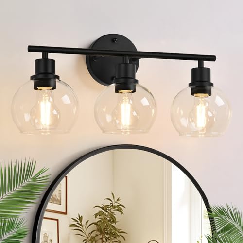 Indoi 3-Light Bathroom Vanity Light Fixture - Matte Black with Clear Glass Globes, Up & Down Mounting