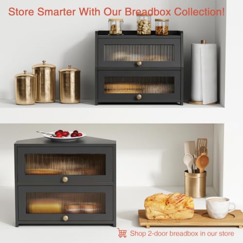 Goozii Black Corner Bread Box with Double Layer Roll-Top Design - Space-Saving Kitchen Storage