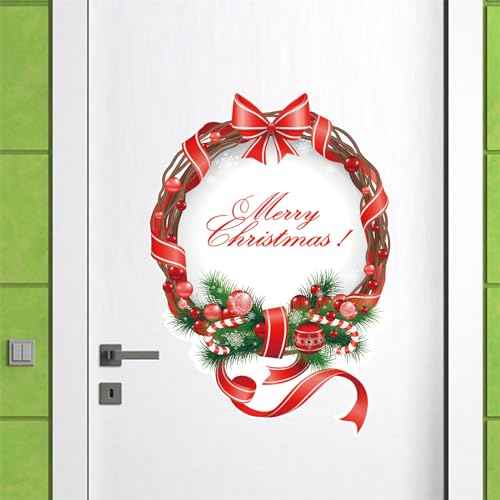 Merry Christmas Wreath Wall Sticker,Peel and Stick Removable Pine Branch Red Ribbon Christmas Wreath Decal for Door Wall Window Refrigerator Party Decoration