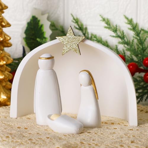 Juegoal Mini Nativity Scene Set - 4 Resin Religious Christmas Ornaments