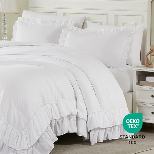 Cupocupa White Queen Comforter Set 3Pcs Ruffle Farmhouse Bedding - Lightweight & Fluffy