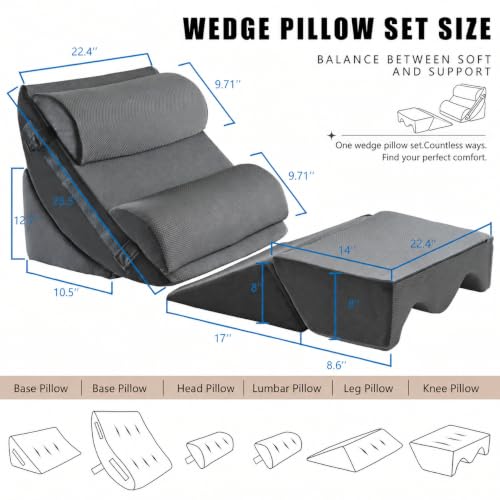 Yojoker 6-Piece Memory Foam Wedge Pillow Set for Post-Surgery & Comfort