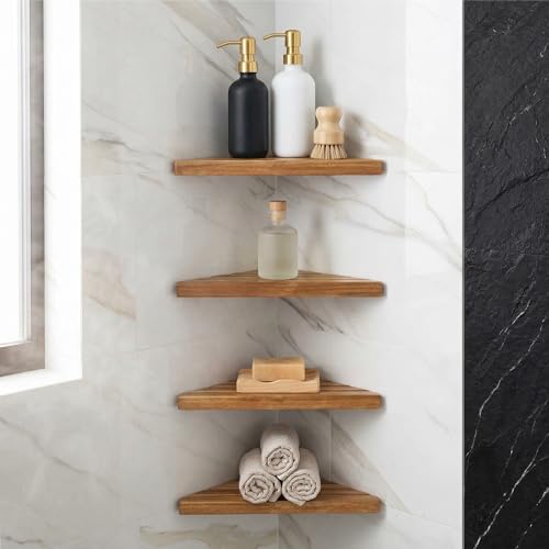 ENKEZI 4-Tier Corner Shower Shelf Set Triangular Wooden Bathroom Storage