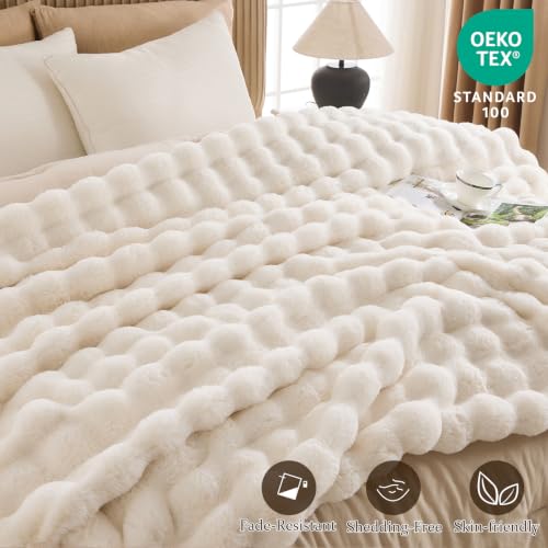 IKALIFE Cozy Bubble Faux Fur Throw Blanket - Cream, 50x60 Inches