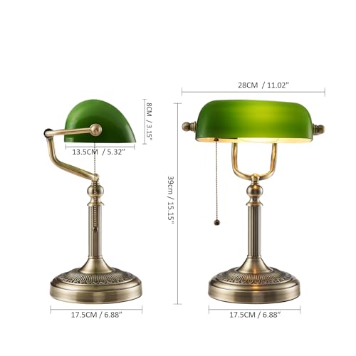 Green Glass Banker Desk Lamp with Pull Chain Switch - Classic Style