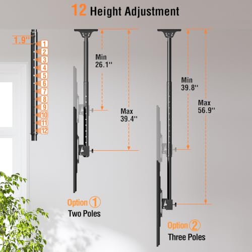 ELIVED Ceiling TV Mount for 37-75 Inch Screens, 360° Swivel, Height Adjustable 57"