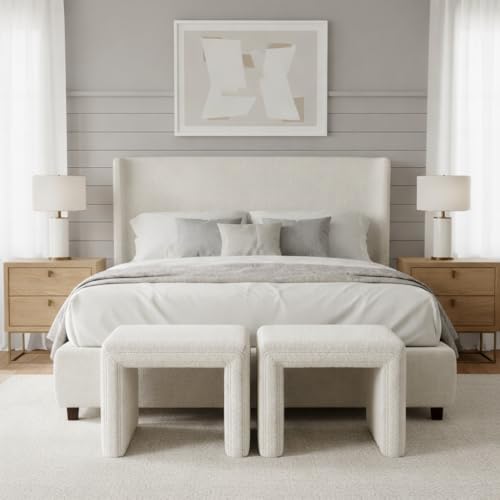 HomePop 19" Modern Channel Tufted Ottoman - Cream Boucle, Compact Footrest