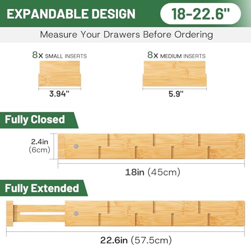 Adjustable Bamboo Drawer Dividers - 8 Pack, Expand from 18 to 22.6 Inches, Non-Slip Silicone Ends, Natural