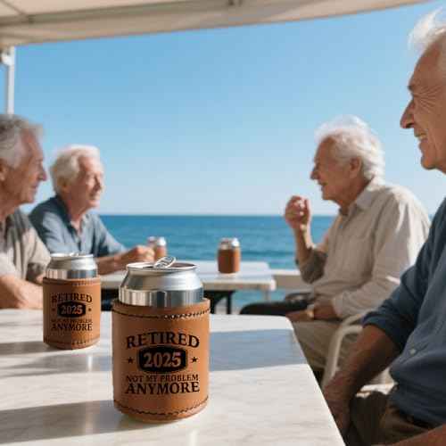Funny Retirement Gifts for Men 2025, Leather Beer Cans Cooler Sleeve Party, Retired Gifts for Men Dad Grandpa Husband Fathers Day Christmas
