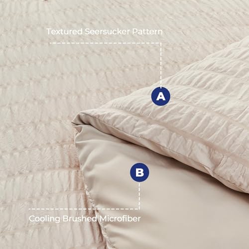 Queen Comforter Set - 7-Piece Seersucker Bedding in Beige, 88x88 Inches - Bed in a Bag with Deep Pocket Fitted Sheet