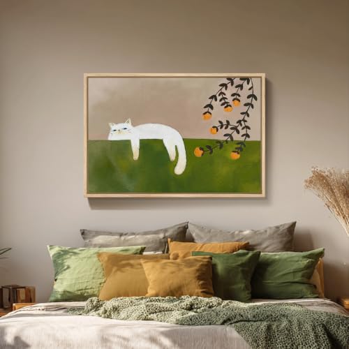 Large Framed Cat Wall Art - Green Neutral Canvas Bedroom Decor 36x24 Inch - Orange Variation