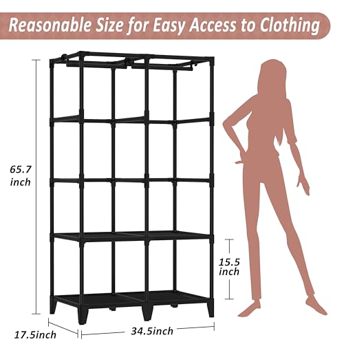 Jofuler Black 34-Inch Portable Wardrobe Closet with Shelves & Cover