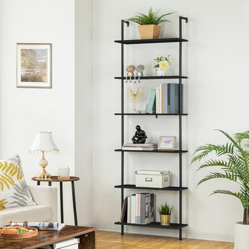 Wall Mounted Ladder Shelf 6-Tier Black Wooden Bookcase for Home Office & Bedroom
