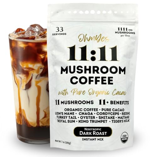 Organic Mushroom Coffee with Cacao - 11 Mushroom Blend, Instant, Unsweetened, 7oz