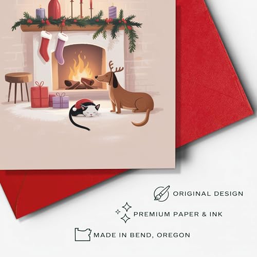 Cozy Christmas Greeting Card with Envelope - Fireplace Scene, Dog & Cat Design, Scandinavian Holiday Style, 5.3x8in