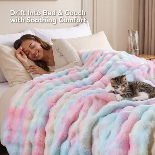 Smoofy Rainbow Faux Rabbit Fur Throw Blanket 50x60 in Bubble Texture for Couch