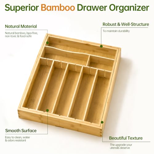 Fyctio Natural Bamboo Expandable Silverware Drawer Organizer with Removable Knife Block