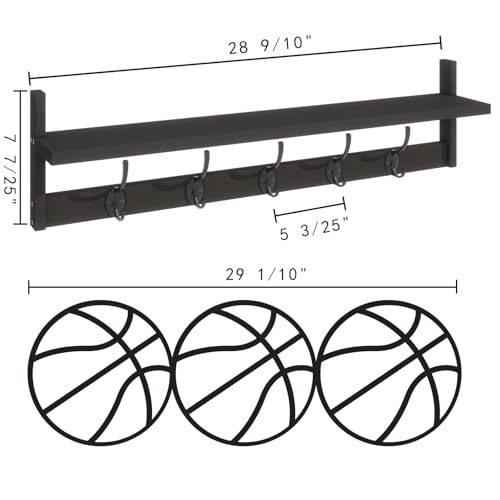 Wall-Mounted Shelf with Hooks - 28.9 Inch Entryway Hanging Storage Black - Variation of Black-28.9IN
