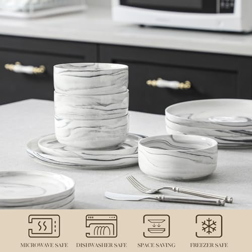 Marble Grey Porcelain Dinnerware Set for 4 - 12 Pieces, Chip & Crack Resistant
