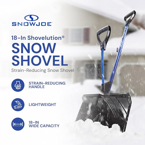 Snow Shovel with Spring-Assist Handle - 18-Inch Poly Blade, Strain-Reducing Ergonomic Design - Blue, 50 Inch Total Height