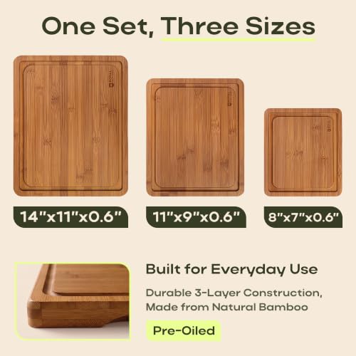 Carbonized Bamboo Cutting Board Set - 3-Piece Kitchen Chopping & Serving Boards with Juice Grooves