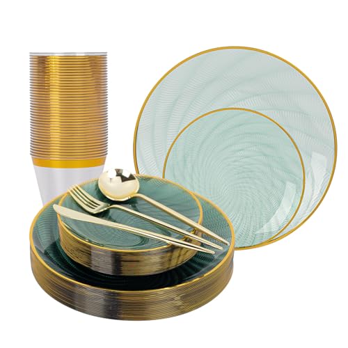 N9R 180PCS Green Plastic Plates Gold Rim, Disposable Party Dinnerware