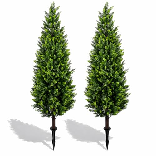 4ft Artificial Cedar Topiary Trees Set of 2 with Ground Spikes - Realistic Outdoor Faux Plants