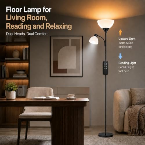 GERGO Matte Black Torchiere Floor Lamp with Remote & Adjustable Reading Light