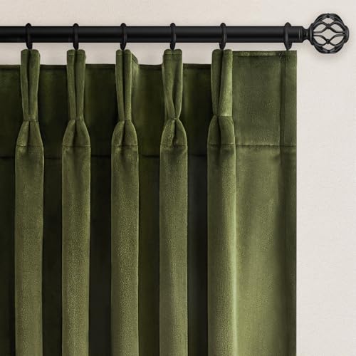 Olive Green Velvet Blackout Curtains 102 Inch Long Set of 2 - Room Darkening Noise Reducing Drapes