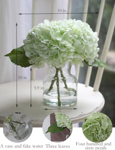 Real Touch Faux Hydrangeas in Vase - Light Green Artificial Flower Decor