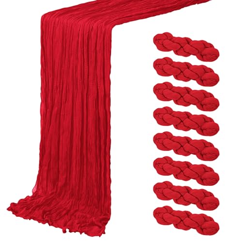 8 Pack Red Cheesecloth Table Runner 20 x 120 in - Gauze Runner 10 ft for Wedding Party
