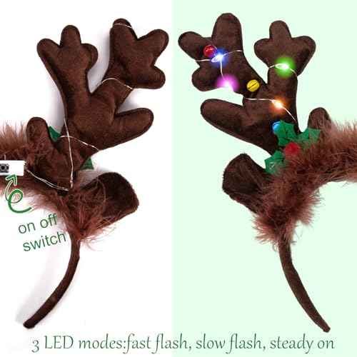 LOVESTOWN Light Up Reindeer Antlers Headband, Christmas Reindeer Headband LED Plush Reindeer Headband for Christmas Party Costume