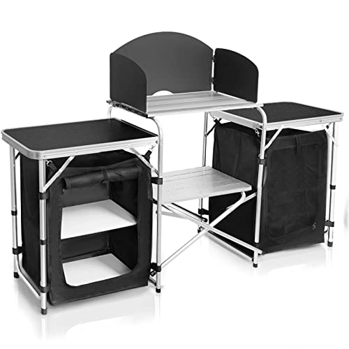 CampLand Folding Camping Kitchen Table with Windscreen & Storage Cabinet - Black2cabinet