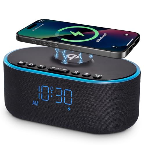 Odokee Qi Certified Wireless Charging Alarm Clock with Bluetooth Radio - Black with Blue Digits