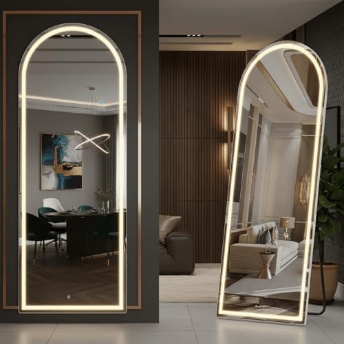 Arched LED Full Length Mirror - 71 x 26 Inches, White Stand, Dimmable Lighting