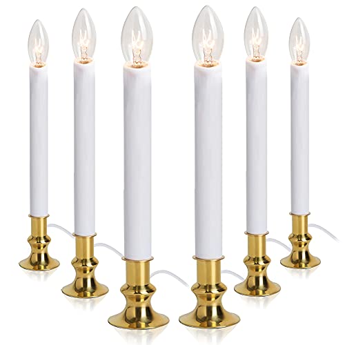 TUDAK 6-Pack Electric Christmas Window Candle Lamps with Auto Sensor - Brass Base, LED Bulb, 9"