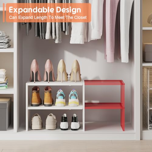 2 Pack White Expandable Shoe Rack Organizer for Closet and Entryway - 2-Tier Stackable Shoe Storage Shelf - Small Iron Wood Combo - Narrow Space, 15-24 Pairs - Variation of THIS listing