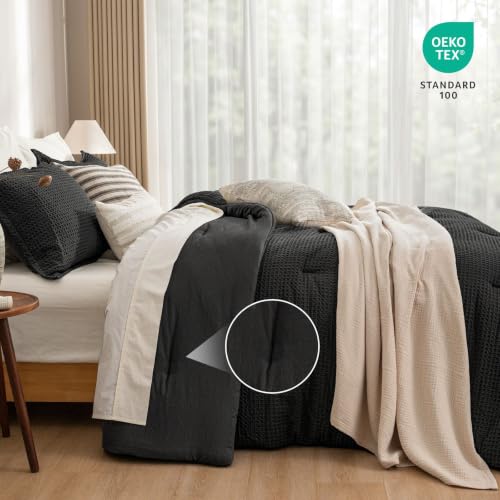 PHF Ultra Soft Waffle Comforter Set Queen Black 3 Pieces - Breathable & Durable