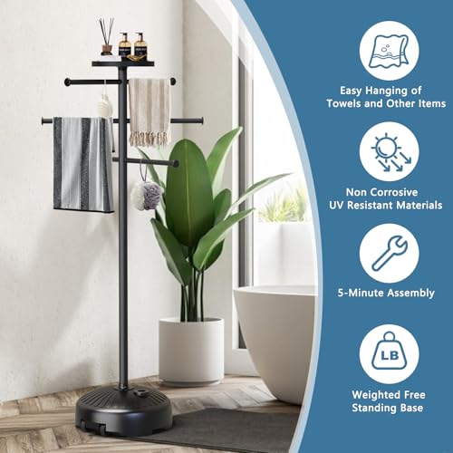 Small Pool Towel Rack with Wheels & Storage Tray - Adjustable Indoor/Outdoor