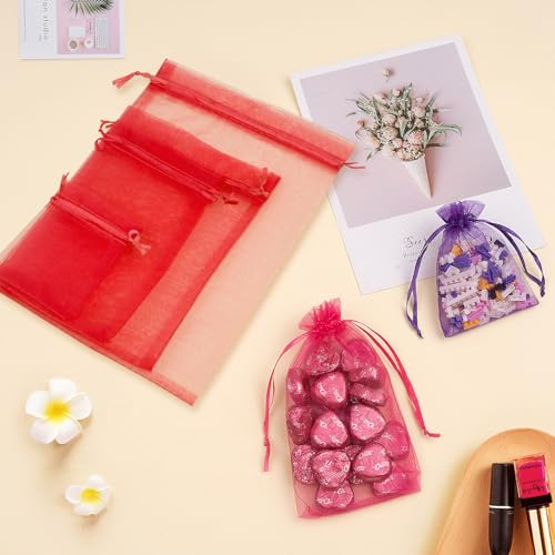 Crweety Red Organza Bags 3x4 Inches - 50PCS Small Gift Pouches for Jewelry, Candy, Wedding & Party Favors
