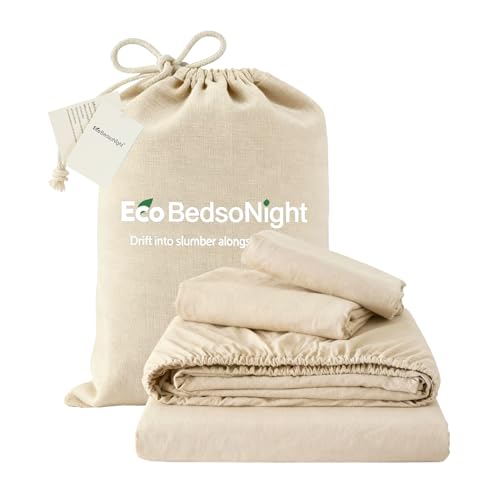 King Size Cotton Linen Bed Sheet Set with Deep Pockets - Natural Linen, 4 Piece