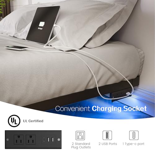 King Size Floating Bed Frame with LED Lights & Charging Station - Metal Support