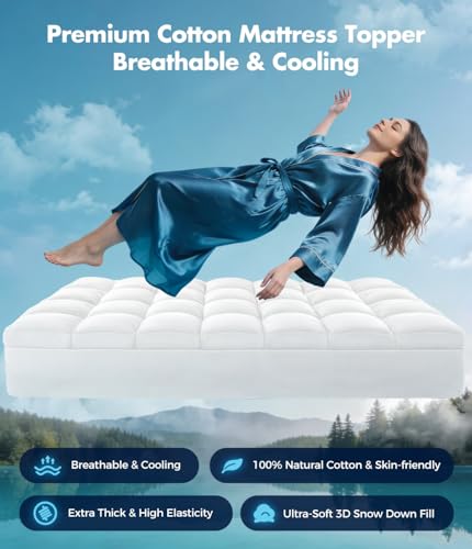 Fracho Queen Cotton Mattress Topper - Extra Thick Pillow Top Bed Pad