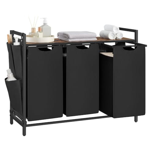 Laundry Hamper with Shelf and 3 Removable Bags - Black + Rustic Brown, 120L