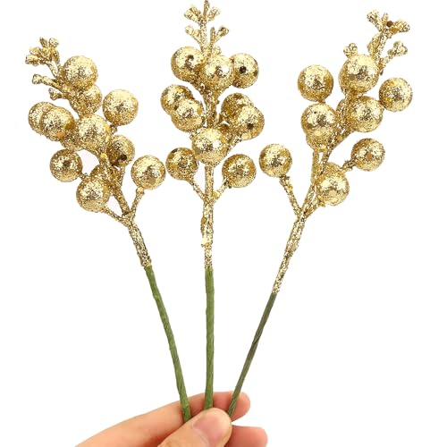 DIYASY Gold Glitter Berry Stems - 20 Pcs Artificial Christmas Tree Picks & Wreath Decor