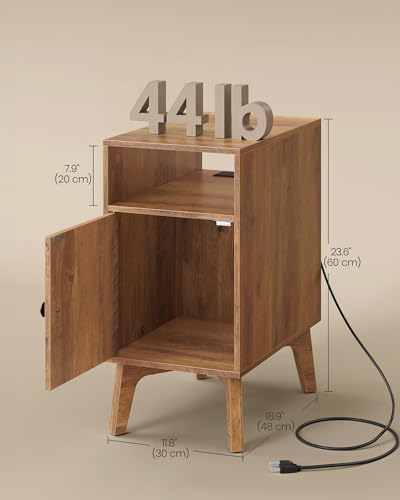 VASAGLE Narrow End Table with Charging Station, Nightstand – Honey Brown, 18.9 x 11.8 x 23.6 inches