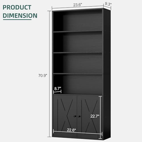 Shintenchi Black 6-Tier Bookshelf with Doors, Tall Standing Bookcase
